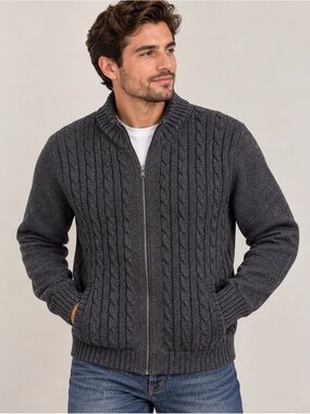 Boston Traders Men's Dark Gray Cable-Knit Zip Sweater